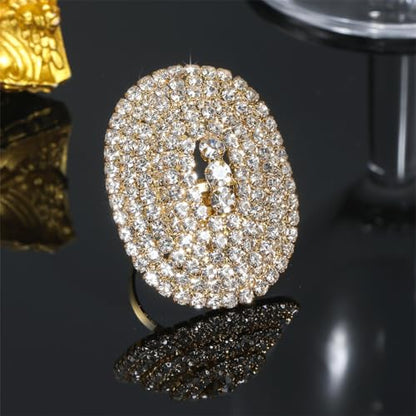 Rhinestone Finger Ring for Women Sparkly Crystal Butterfly Flower Leaf Adjustable Statement Chain Rings Punk Jewelry - color: Gold Oval