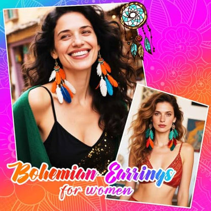 Catery Feather Earrings Long Tassel Boho Earrings Dangling Fringe Prom Jewelry for Women - color: White