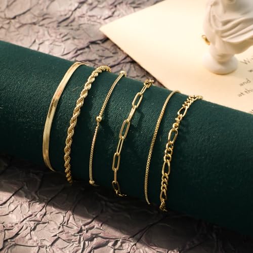MFRYK Gold Ankle Bracelets for women,14k Gold/Silver Plated Waterproof Layered lightweight Cuban Link Figaro Chain Heart anklet butterfly anklet Pearl Ankle Bracelets Set Gold Anklets for women Trendy Jewelry Gift for Women - style: 6 anklets box figaro r