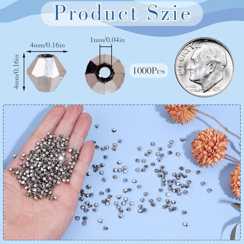 1000Pcs 4mm Faceted Crystal Glass Bicone Beads Loose Bead for DIY Bracelet Necklace Earring Keychain Jewelry Making,Silver - color: Silver