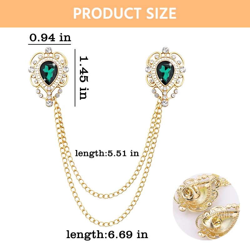Teardrop Rhinestone Brooch Mens Lapel Pins for Shirt Collar Hanging Chain Brooch Suit Pin Crystal Rhinestone Lapel Pins for Men - color: Green