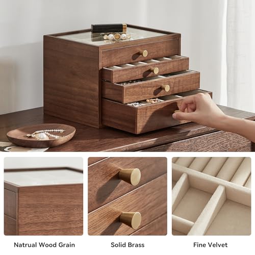 Black Walnut Wooden Women Jewelry Box with Glass Lid, 4 Layer | Large Drawer Jewelry Organizer,Velvet-Lined, For Necklaces, Watch, Ring, Earring, Ideal Gift for Her - style: 4 Layer A