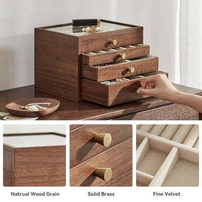 Black Walnut Wooden Women Jewelry Box with Glass Lid, 4 Layer | Large Drawer Jewelry Organizer,Velvet-Lined, For Necklaces, Watch, Ring, Earring, Ideal Gift for Her - style: 4 Layer A