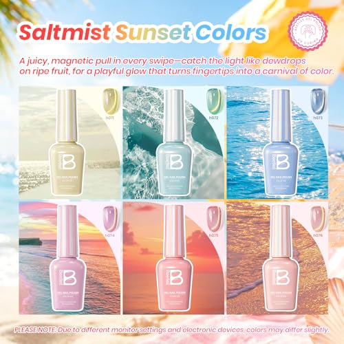 Beetles Cat Eye Gel Nail Polish Set, Saltmist Sunset 9ML 6 Colors Gel | Glitter Gel Nail Kit Yellow Blue Green Pink Purple Soak Off UV Salon DIY at Home Manicure Gift for Women - color: Saltmist Sunset