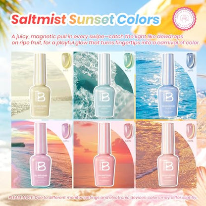 Beetles Cat Eye Gel Nail Polish Set, Saltmist Sunset 9ML 6 Colors Gel | Glitter Gel Nail Kit Yellow Blue Green Pink Purple Soak Off UV Salon DIY at Home Manicure Gift for Women - color: Saltmist Sunset