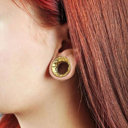 LADEMAYH 2PCS Hammered Ear Plugs Gauges for Ears, Punk Textured Tunnels | Industrial Style, Double Flared Expander, 316L Surgical Stainless Steel, Hypoallergenic, Saddle Fit, Ear Stretching Jewelry - color: #6598 Gold, size: 5/8"(16mm)