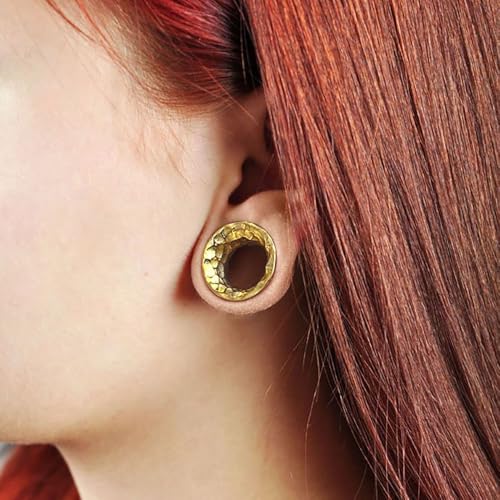LADEMAYH 2PCS Hammered Ear Plugs Gauges for Ears, Punk Textured Tunnels | Industrial Style, Double Flared Expander, 316L Surgical Stainless Steel, Hypoallergenic, Saddle Fit, Ear Stretching Jewelry - color: #6598 Gold, size: 3/4"(19mm)