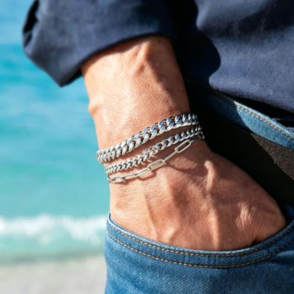 Mens Bracelet - Dainty Gold/Silver Chain Bracelet Stack 14K Gold Plated Silver Bracelets for Men Stainless Steel Adjustable Cross Charm Cuban Link Bracelet Snake Jewelry Set to Men Dad Birthday Day - color: S4, size: 8+2 Inch