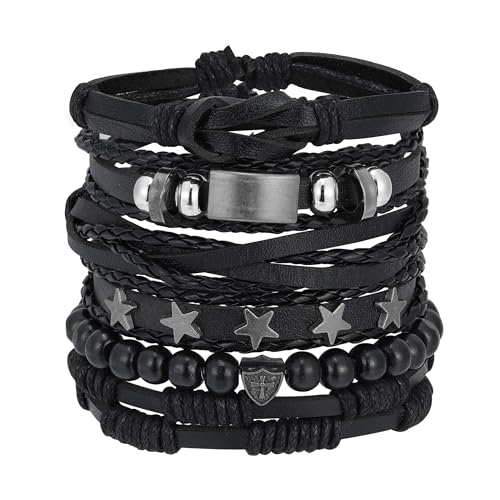 Braided Faux Leather Bracelet Punk Cuff Wrap Bracelets for Men Women Skull,Star,Bull bracelets - color: A6:6PCS