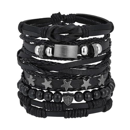 Braided Faux Leather Bracelet Punk Cuff Wrap Bracelets for Men Women Skull,Star,Bull bracelets - color: A6:6PCS