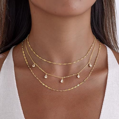 Layered Necklaces for Women, Dainty Gold Necklace Stack 14k Gold Plated Layering CZ Chain Choker Necklaces for Women Trendy Simple Non Tarnish Gold Necklaces Set Fashion Bridal Prom Jewelry - color: set3