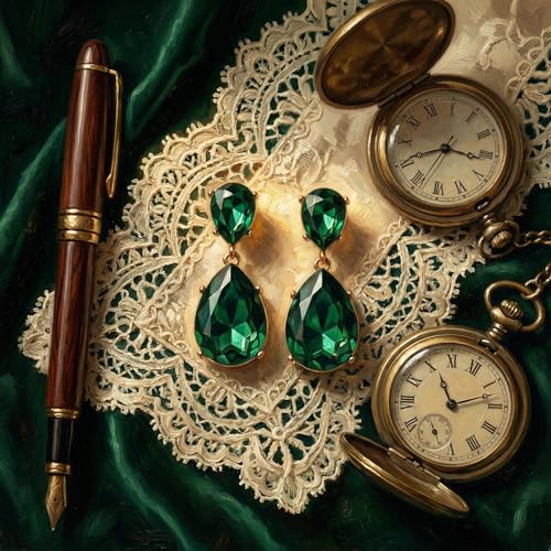 Green Earrings for Women, Emerald Green Teardrop Drop Estate Style Dangle Earrings with Rhinestone Crystal for Prom Wedding Fashion Events