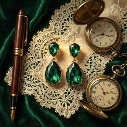 Green Earrings for Women, Emerald Green Teardrop Drop Estate Style Dangle Earrings with Rhinestone Crystal for Prom Wedding Fashion Events