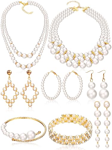 BBTO 8 Pcs Pearl Necklace and Earrings Set for Women Pearl Jewelry Set Faux Necklace Earrings Simulated Bracelets - style: Modern Style