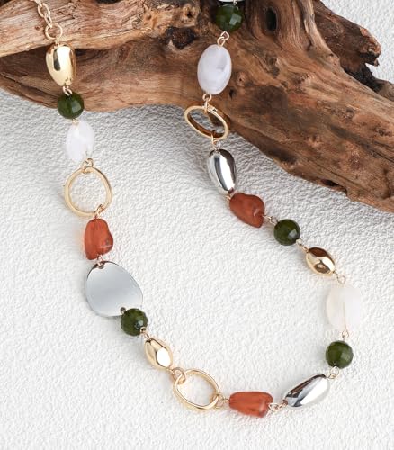 Long Gold Boho Necklaces for Women Beaded Statement Chain Long Necklace Gold Costume Jewelry Birthday Gifts for Her - color: 93-Brown Green