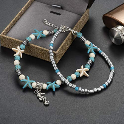 Softones Blue Starfish Turtle Anklet Multilayer Charm Beads Sea Handmade Boho Anklet Foot Jewelry for Women - style: M:Sea Horse