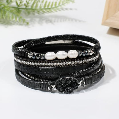 Artilady Leather Wrap Bracelet for Women, Pearl Beaded Bangle Stack Jewelry | Easy on-off, Elegant Handmade Multi-Layered, Daily Casual Date Beach Vacation, Gift for Ladies, Mother, Sister & Friend - style: So She Did, Black