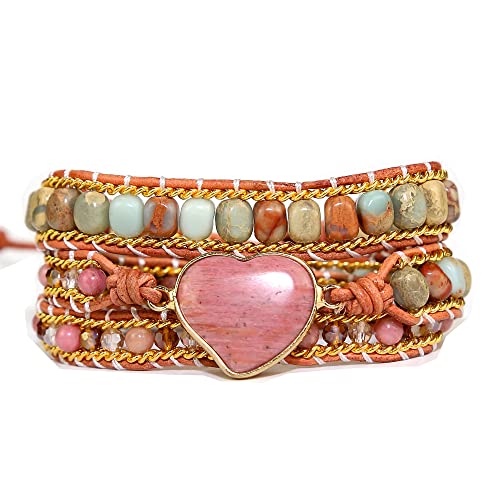 Women Wrap Bracelet Boho Natural Jasper Crystal Stone Beads Strand Bracelets - color: Style 13-Rhodochrosite