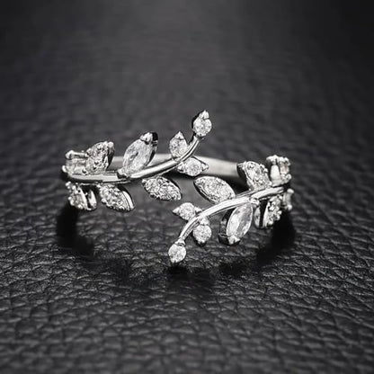 Olive Leaf Rings for Women, Spiritual Meditation Jewelry with Energy Flow Design, 18K Gold Plated Japanese Brass and Asfour Crystal Vine Ring, Symbol of Balance & Inner Harmony - color: gold+silver