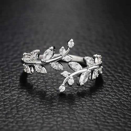 Olive Leaf Rings for Women, Spiritual Meditation Jewelry with Energy Flow Design, 18K Gold Plated Japanese Brass and Asfour Crystal Vine Ring, Symbol of Balance & Inner Harmony - color: Silver