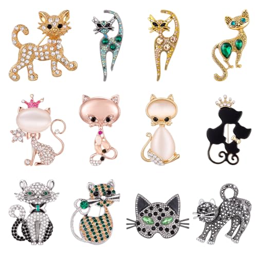 12 Pcs Women Brooches Bulk Vintage Rhinestone Pin Set - style: Cat