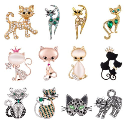 12 Pcs Women Brooches Bulk Vintage Rhinestone Pin Set - style: Cat