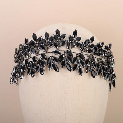 Missgrace Women Silver Green Black Red Blue Handmade Full Crystal Rhinestone Large Headband Hair Vine Shinny Headpiece Bridal Wedding Hair Accessories for Women (Black) - color: Black