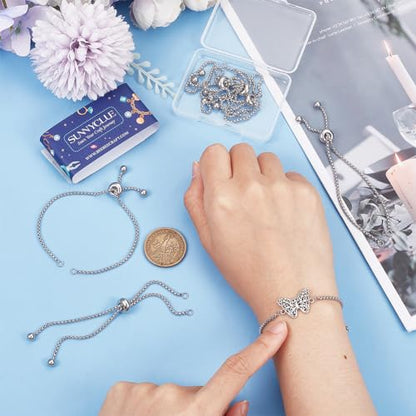 SUNNYCLUE 1 Box 8Pcs Slider Bracelet Chain Adjustable Slider Chain Bulk 304 Stainless Steel Bracelets Extenders with Ball Ends for Jewelry Making DIY Supplies - color: Silver Box Chain, Round Ball End