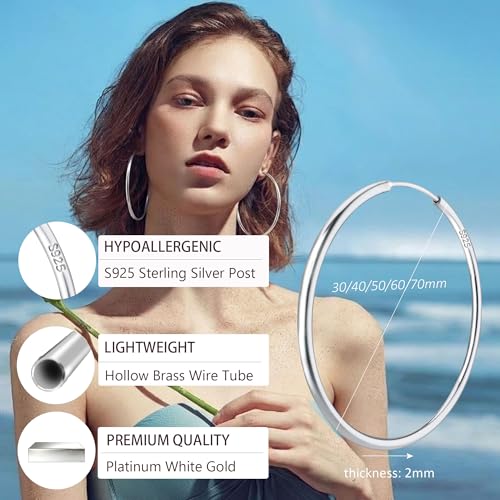 Gold Hoop Earrings for Women Hypoallergenic 925 Sterling Silver Post Hoops Earrings Lightweight Thin Large Big Hoop Earring 30/40/50/60/70mm - color: Silver 40mm