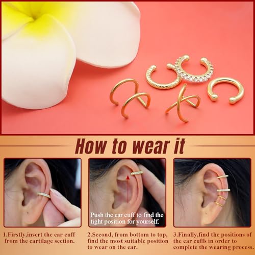 5 Pcs Thin Chunky Ear Cuff Earrings for Women 14K Gold Plated Brass Ear Cuffs Non Piercing Trendy Clip on Cartilage Earrings Cubic Zirconia Fake Piercings Earrings Jewelry - color: Style A,Thin Gold