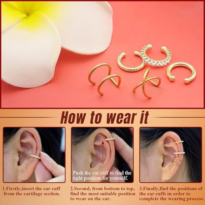 5 Pcs Thin Chunky Ear Cuff Earrings for Women 14K Gold Plated Brass Ear Cuffs Non Piercing Trendy Clip on Cartilage Earrings Cubic Zirconia Fake Piercings Earrings Jewelry - color: Style A,Thin Gold