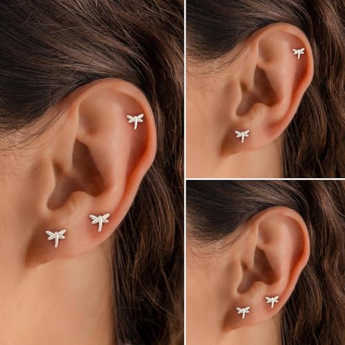 Flat Back Earrings for Women Cartilage Helix | Comfortable Dainty Cute Dragon Bee Bird Phoenix Dragonfly Cute Animal Leaf Spiral Rhombus Design Flatback Stud Earrings - color: Silver Dragonfly
