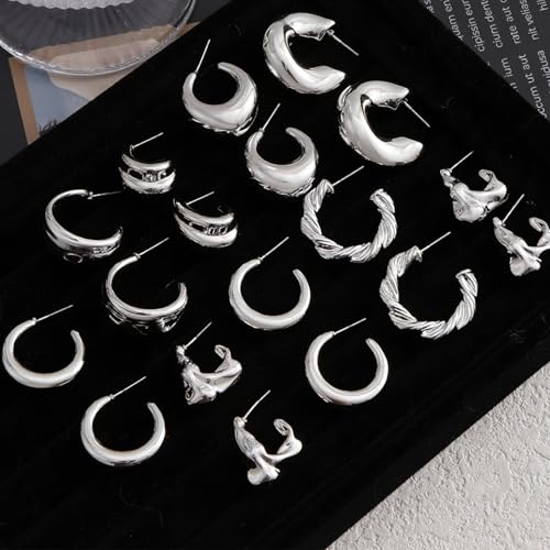 IFKM 24 Pairs Gold Hoop Earrings Set for Women Hypoallergenic Chunky Chain Twisted Open Hoops Dangle Earring Packs for Birthday Party Christmas Fashion Jewelry Gift - color: 9 Pairs Silver Style 2