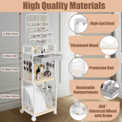 Large Jewelry Organizer Stand with Box Drawer, Multifunctional Display Cases with Wheels, Armoire Jewelry Cabinet for Earring Necklace Ring Bracelet Makeup