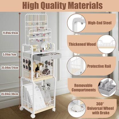 Large Jewelry Organizer Stand with Box Drawer, Multifunctional Display Cases with Wheels, Armoire Jewelry Cabinet for Earring Necklace Ring Bracelet Makeup