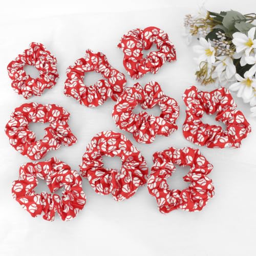 Red Baseball Print Scrunchies 20 Pack Soft Elastic Hair Ties for Women Girls Sports Fan No Slip Game Day Hair Accessories Daily Styling - color: Red Baseball