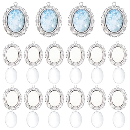 Beebeecraft 30 Sets Pendant Cabochon Settings, 304 Stainless Steel Silver Oval Bezel Pendant Blanks Settings with 18mm Oval Glass Cabochons Dome Tiles Trays Photo Charms for Wedding Bouquet