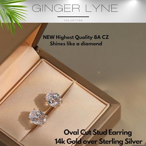 Ginger Lyne 5Ct Oval Cubic Zirconia Stud Earrings 10mm for Women | Sterling Silver Earrings 10mm Oval Cubic Zirconia Stone 14K Gold Plated and White Gold Plated Options, Push Back Stud Setting - color: Gold