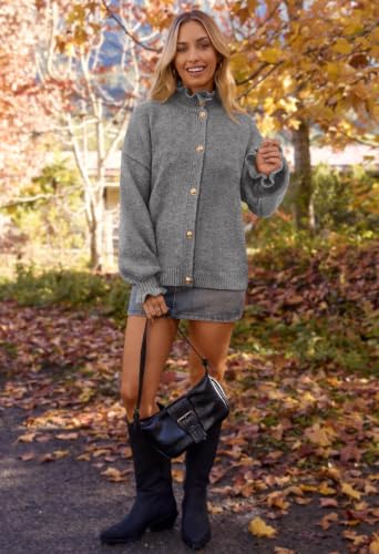 MEROKEETY Women's Fall Trendy Chunky Knit Cardigan Casual Ruffle Sweaters | Button Down, Long Sleeve, Cute Ruffle Collar, Mock Neck, Fashion Cozy Knit Sweater, Dressy Casual Winter Outerwear Clothes - color: Grey, size: Medium
