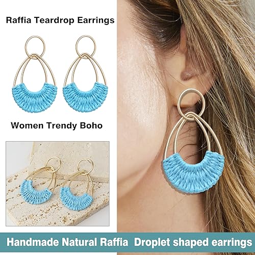 Raffia Hoop Earrings for Women Fun Boho Summer Beach Earrings Lightweight Handmade Straw Wicker Rattan Dangle Earrings Statement Geometric Round Drop Earrings - color: Light Blue - Teardrop