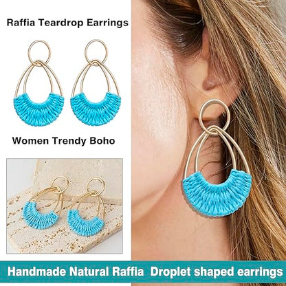 Raffia Hoop Earrings for Women Fun Boho Summer Beach Earrings Lightweight Handmade Straw Wicker Rattan Dangle Earrings Statement Geometric Round Drop Earrings - color: Light Blue - Teardrop