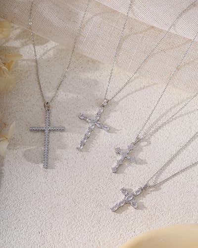 Cross Necklace for Women, 14K Gold Plated Cubic Zirconia Cross Pendant Necklace, Trendy Christian Jewelry Gifts for Baptism First Communion Christmas - color: Style A - Silver