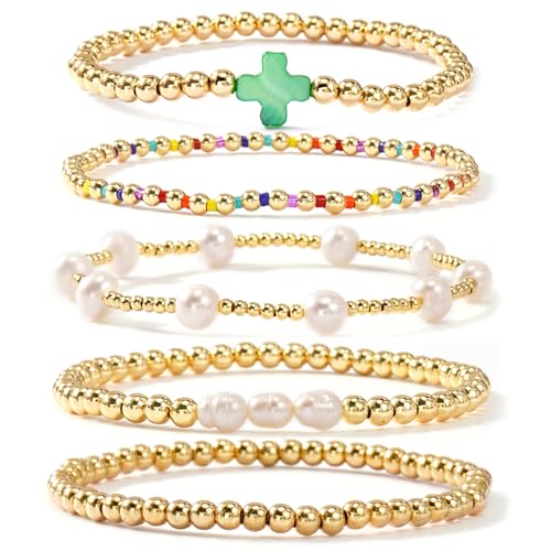 Gold Bracelets for Women, Beaded Cross Stack, Non Tarnish Set，Set-1 | Gold Beaded Bracelet Stack with Stretch Fit, Waterproof Finish and Dainty Design for Everyday Wear and Gifts - color: Colors-2