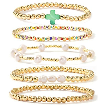 Gold Bracelets for Women, Beaded Cross Stack, Non Tarnish Set，Set-1 | Gold Beaded Bracelet Stack with Stretch Fit, Waterproof Finish and Dainty Design for Everyday Wear and Gifts - color: Colors-2