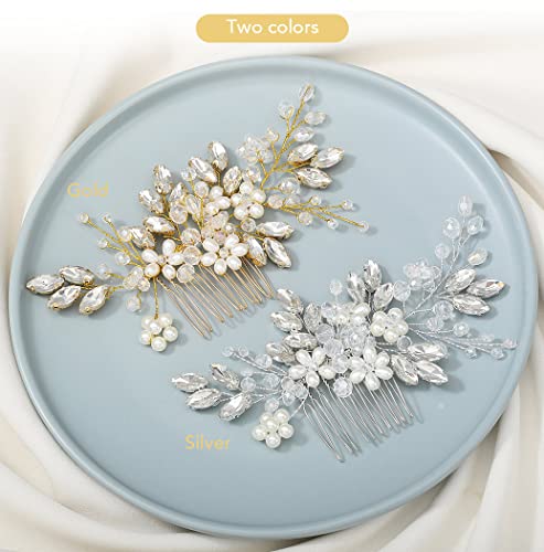 JAKAWIN Wedding Hair Accessories Bridal Hair Pieces Pearl Hair Comb | Rhinestone Bride Prom Hairpiece for Women - color: B Gold
