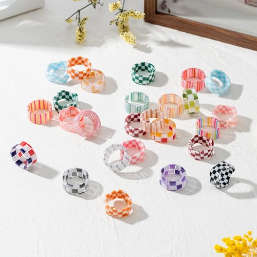 Colorful Resin Rings Set - 26 Pcs Stackable Thumb Knuckle Ring for Women, Checkboard Plaid Strip Patterns, Non Tarnish Dainty Jewelry Gift, Joint Finger Midi Trendy Statement Comfort Fit