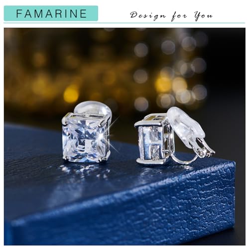 FAMARINE CZ Clip on Earrings for Women Clip Earring Non-pierced Earrings - style: Big Square Silver