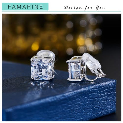 FAMARINE CZ Clip on Earrings for Women Clip Earring Non-pierced Earrings - style: Big Square Silver