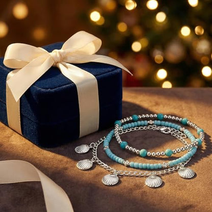 Silver Blue Beaded Shell Charm Layered Anklet Set for Women, Boho Handmade 3Pcs Beads Pearls Anklets Summer Beach Ocean Accessories Jewelry Gift