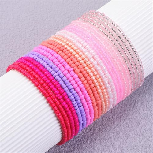 18Pcs Boho Stackable Beaded Bracelets for Women Colorful Handmade Multilayered Rice Beads Anklets Set Summer Beach Bohemian Jewelry Gift - color: Style 2 Pink